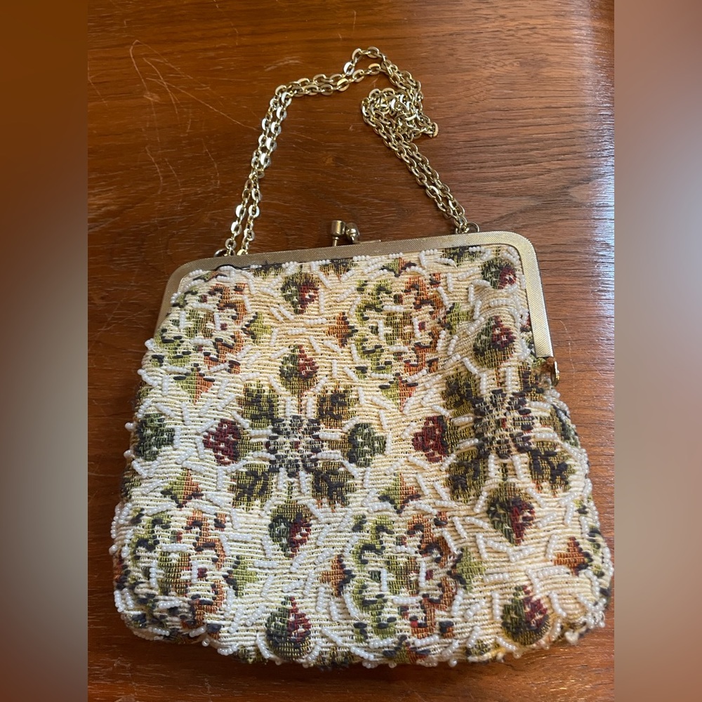Vintage 50’s/60’s Beaded Purse / Mid Century Beaded Hand Bag with Chain Handle